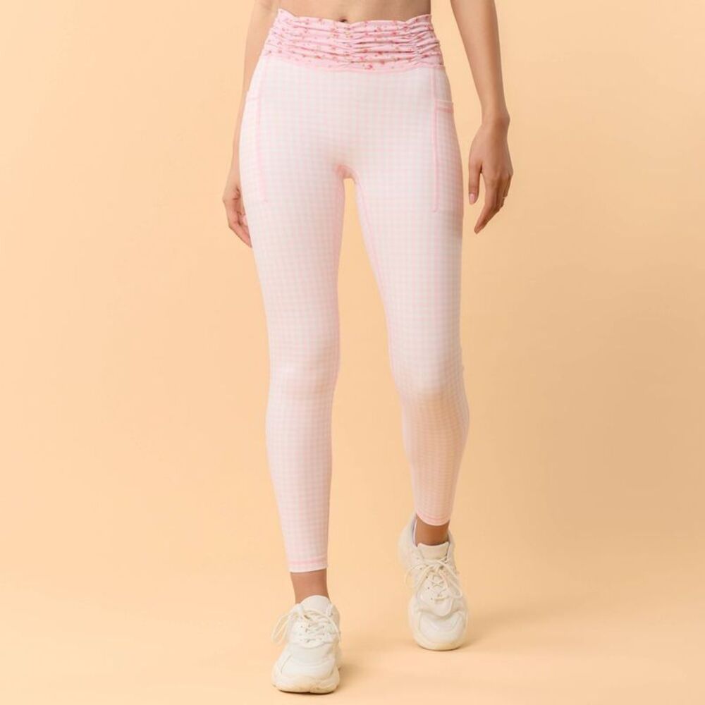 Blogilates Women's Ruched Waist Leggings - Pink Gingham XL